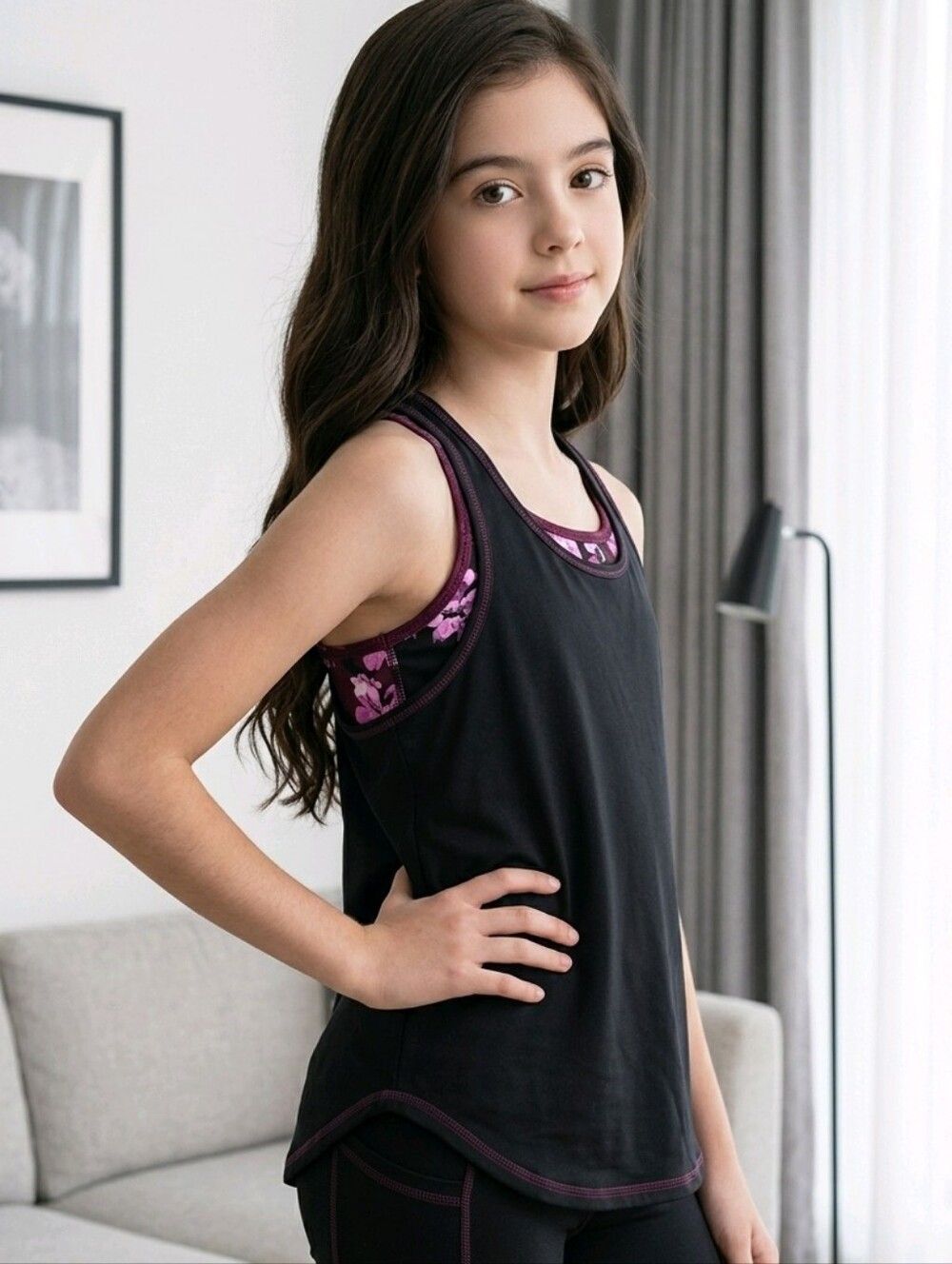 Justice Active Layered Sports Tank Top Black Pink Floral Athletic Tee Girls 10